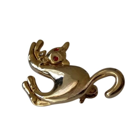 Vintage Stretching Cat Brooch Pin Liquid Gold Tone Red Rhinestone Eyes Sassy - Picture 5 of 14